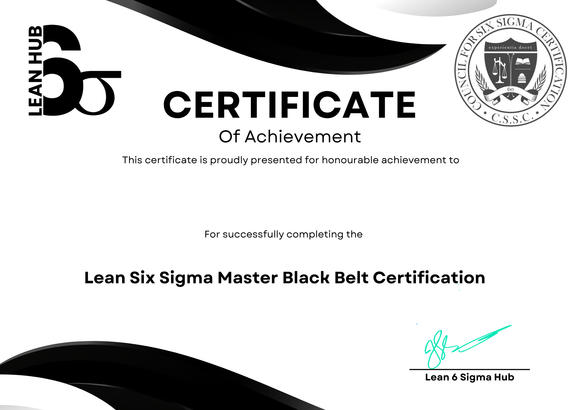 L6SHUB Certifications Lean Six Sigma Black Belt Certificate